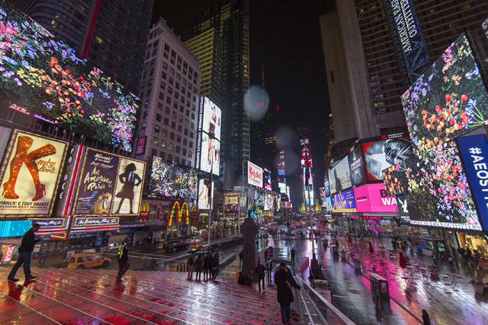 Midnight Moment: Jennifer Steinkamp, Botanic May 1, 2016 - May 30, 2016 every night from 11:57pm-midnight Times Square Arts brings Jennifer Steinkamp’s brief film Botanic to Times Square’s electronic billboards from 11:57pm to midnight every night in May. This project is a part of Midnight Moment,a monthly presentation by The Times Square Advertising Coalition (TSAC) and Times Square Arts.  Botanic is an animation consisting of flowering condolence plants floating inside a cubic framework. The flowers are blown by an unseen force, causing the plants to collide with each other and the edges of the frame. With each collision, they break apart into a collection of seeds, twigs, leaves and petals. The animations loop forward and back, transitioning between breaking apart and coming back together.