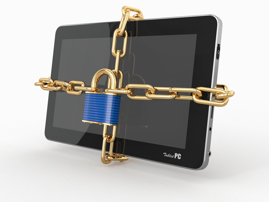 Tablet pc security. Chain with lock on computer. 3d